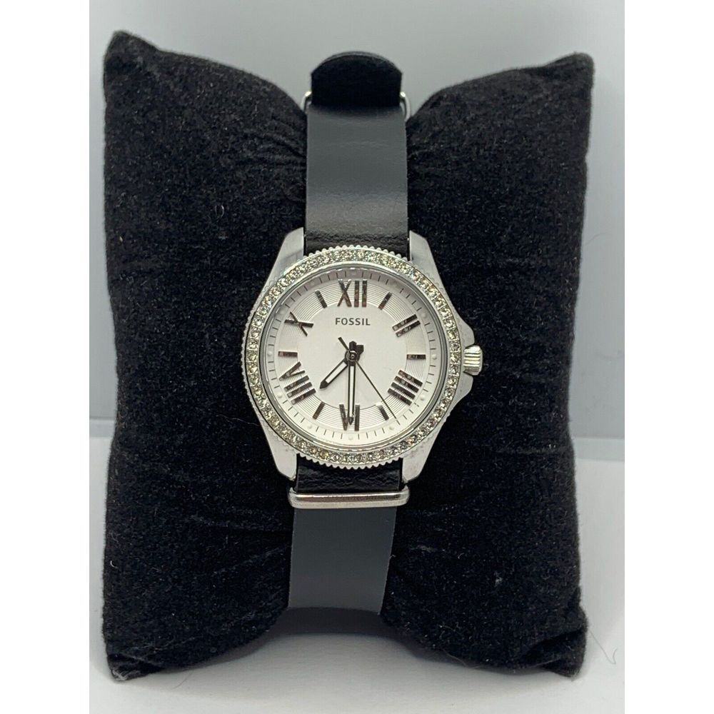 Fossil AM4576 Women's Black Leather Analog Silver Dial Quartz Wrist Watch RU240